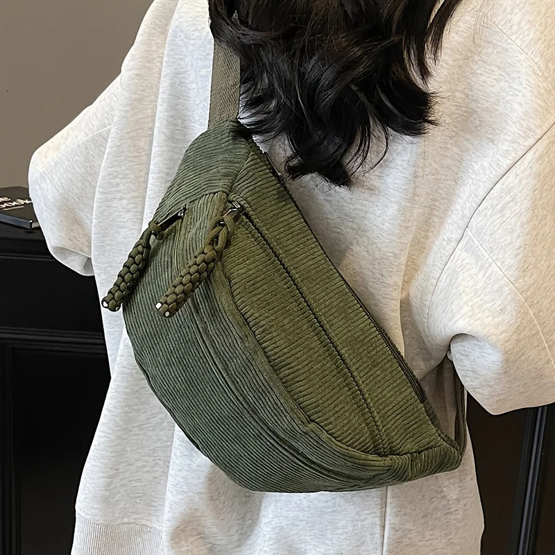 Perfect Lily Womens Corduroy Waist Bag Adjustable Chest Crossbody with Multiple Zipper Pockets Daily Use Purse 260208