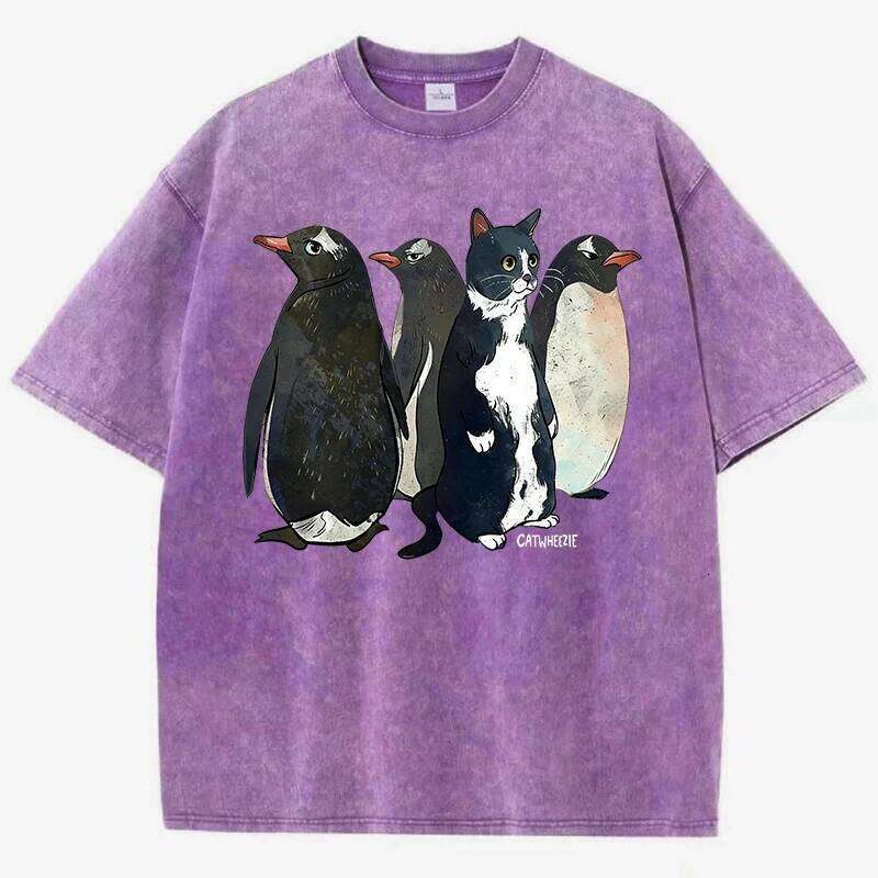 Penguin Cat Cartoon Print Men's Washed T-Shirt Casual Snowflake Streetwear Summer Cotton Short Sleeved Oversized Vintage T Shirt X260209