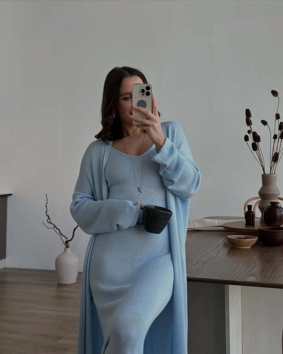 Hirsionsan Soft Loose Sets Women Two Pieces Long Sleeve Cardigan Vest Dresses Elegant Female Hollow Outfits Cotton Tracksuit 260208
