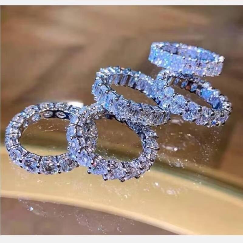Hypoallernic Waterproof Stackable Silver Rings for Women Eternity Pave MoissaniteVVSia Ring 925 Silver Rings Jewelry 2024