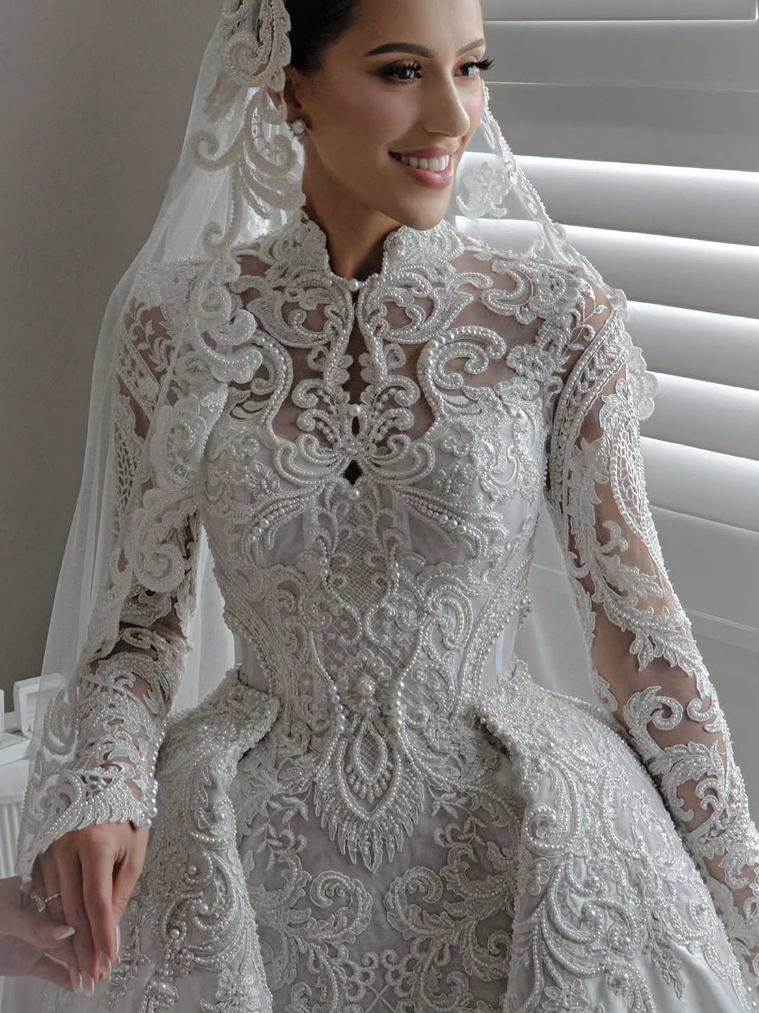 Muslim Bespoke Wedding Dresses High Collar Long Sleeves Appliques Lace Detachable Train Bridal Gowns Vestido De Noiva Customized Plus Size 0209