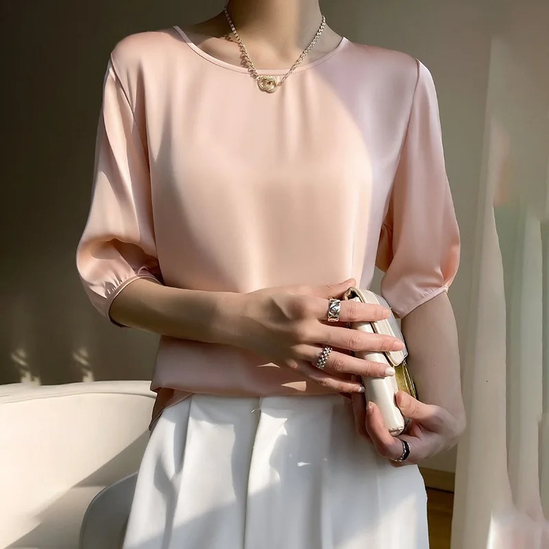 Summer Satin Simple Office Lady Blouse Female Shirt Solid Tops Short Sleeve Casual Korean OL Loose Blouses Women Blusas 260207