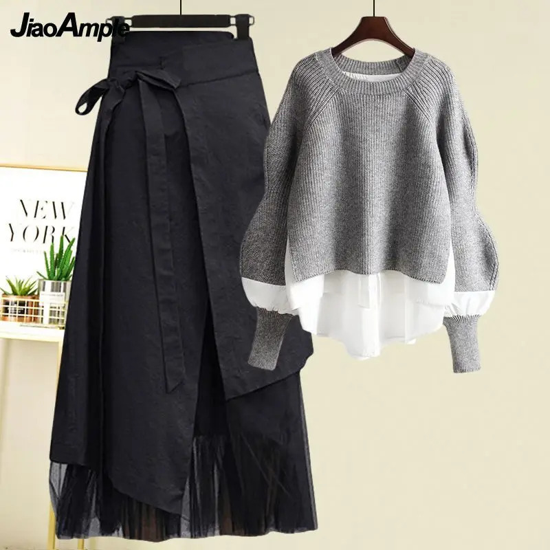 Womens Spring Autumn Fashion Two Piece Knit SweaterStrap A-line Skirt Suit Korean Elegant Pullover Dress Matching Set 260208