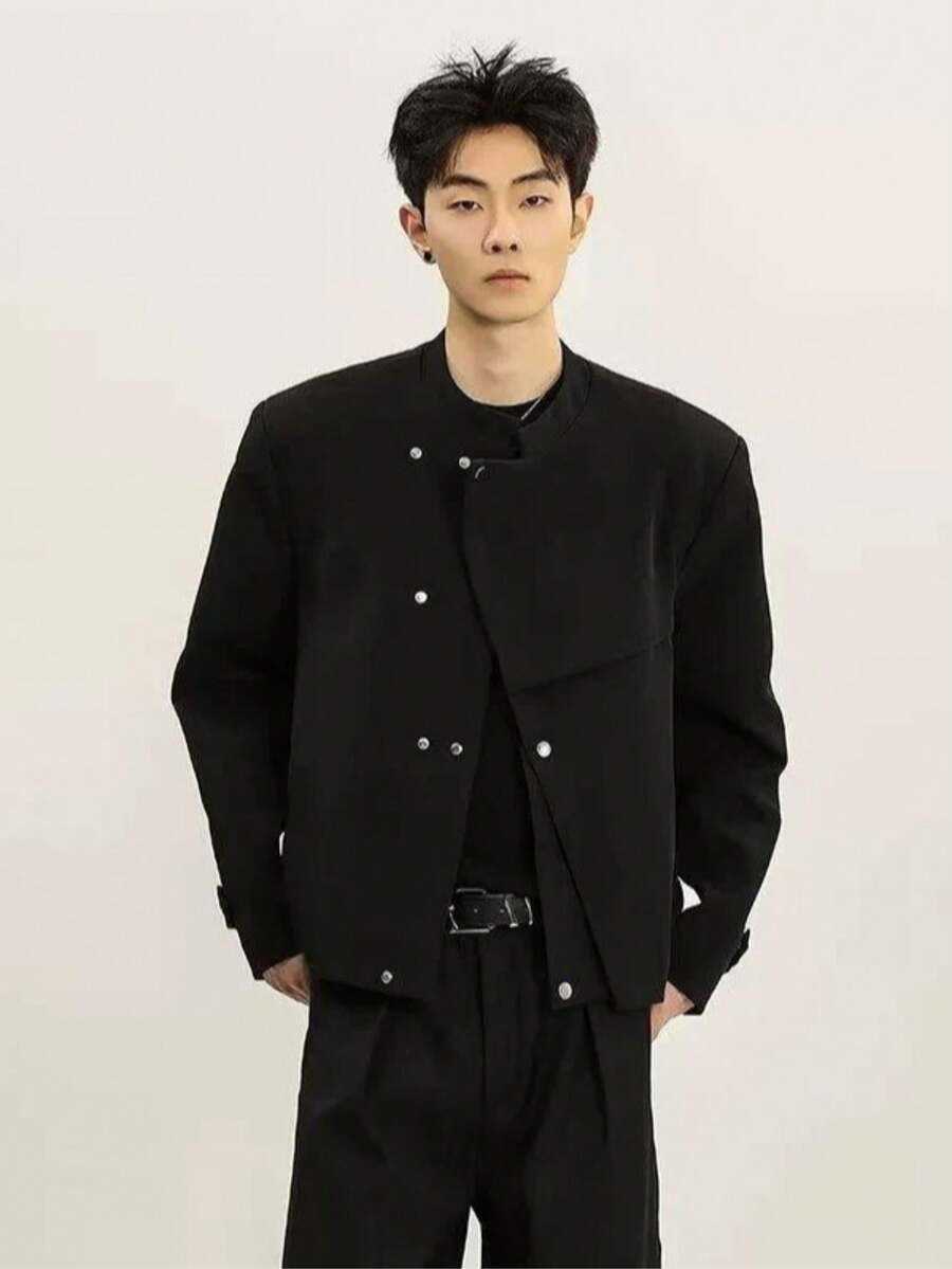 New Chinese Style Sloping Front Jacket With Mens Deconstruction And Loose Leaf Design Button Up Collar And Shoulder Pads Zhongshan Suit Jacket C260209
