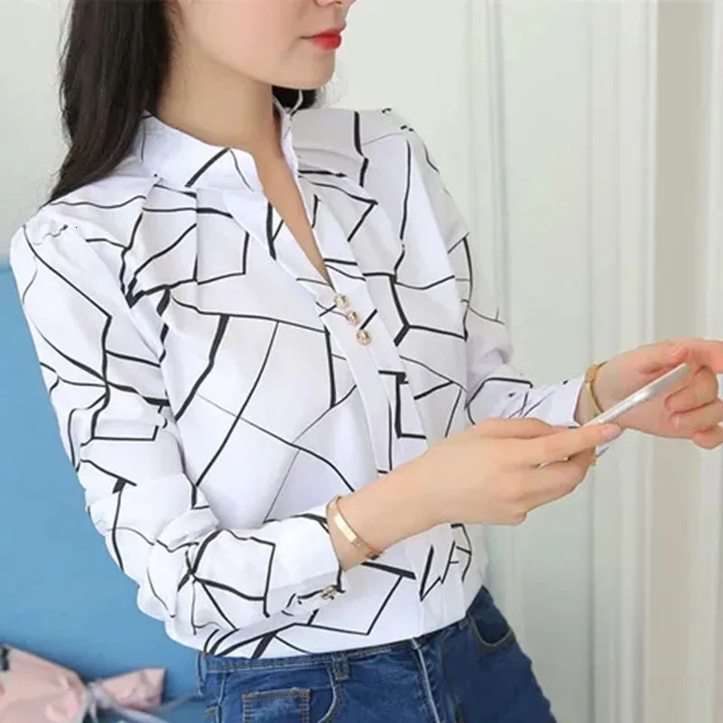 Xpqbb Autumn White Shirt for Women Fashion Stripe Print Long Sleeve Office Lady Blouses Casual Loose Standup Collar Blusas 250203