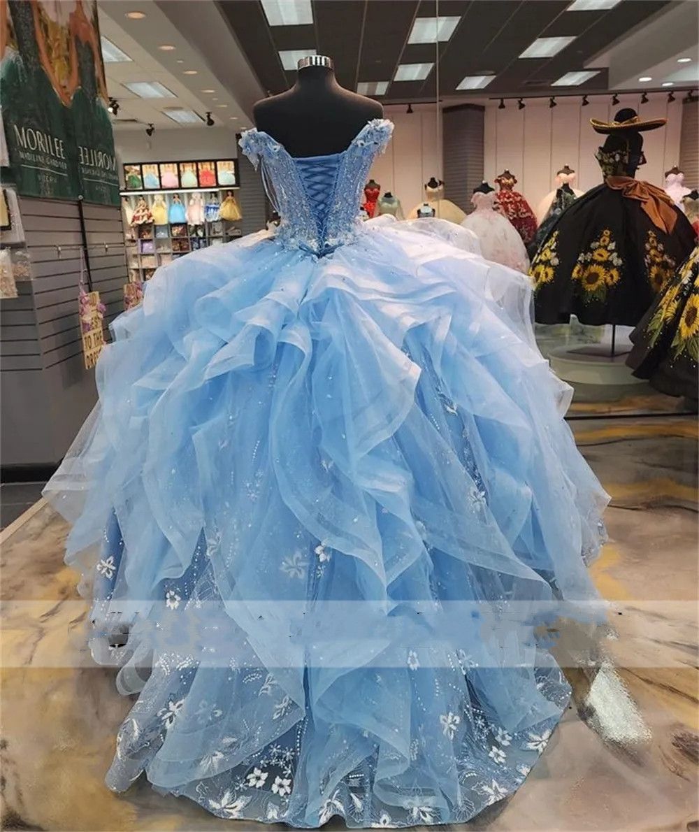 Baby Blue Ruffels 15 Dress Quinceanera Off the Shoulder Shinning Flowers Ball Gown Quince Dresses Princess robe de soiree mariee luxe 0209