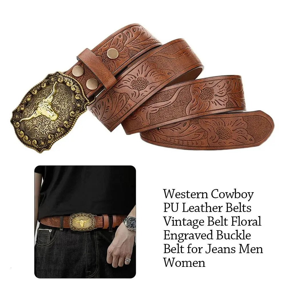 Fashion PU Leather Western Cowboy Belts Vintage Waistband Belts Floral Engraved Buckle Leather Belt Pants 260124