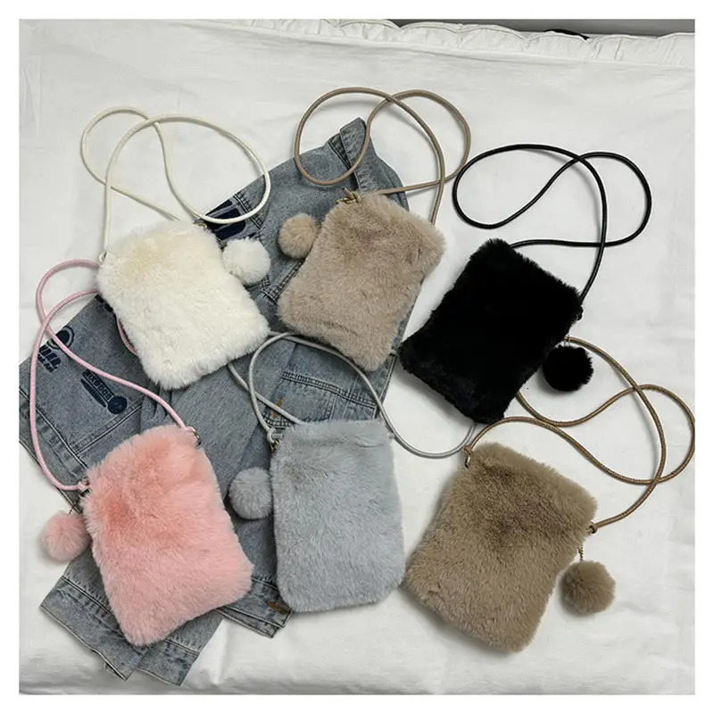 Plush Phone Bag Autumn and Winter Solid Color Elegant Womens Durable Girl Fur Hanging Rope Crossbody Coin Purse 260208