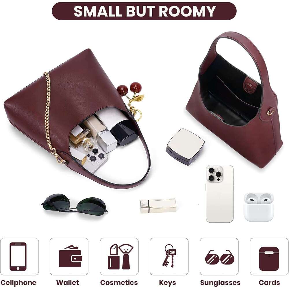 Small Hobo Bags For Women Cherry Shoulder Purse Faux Leather Tote Handbag Trendy Chain Crossbody Bag