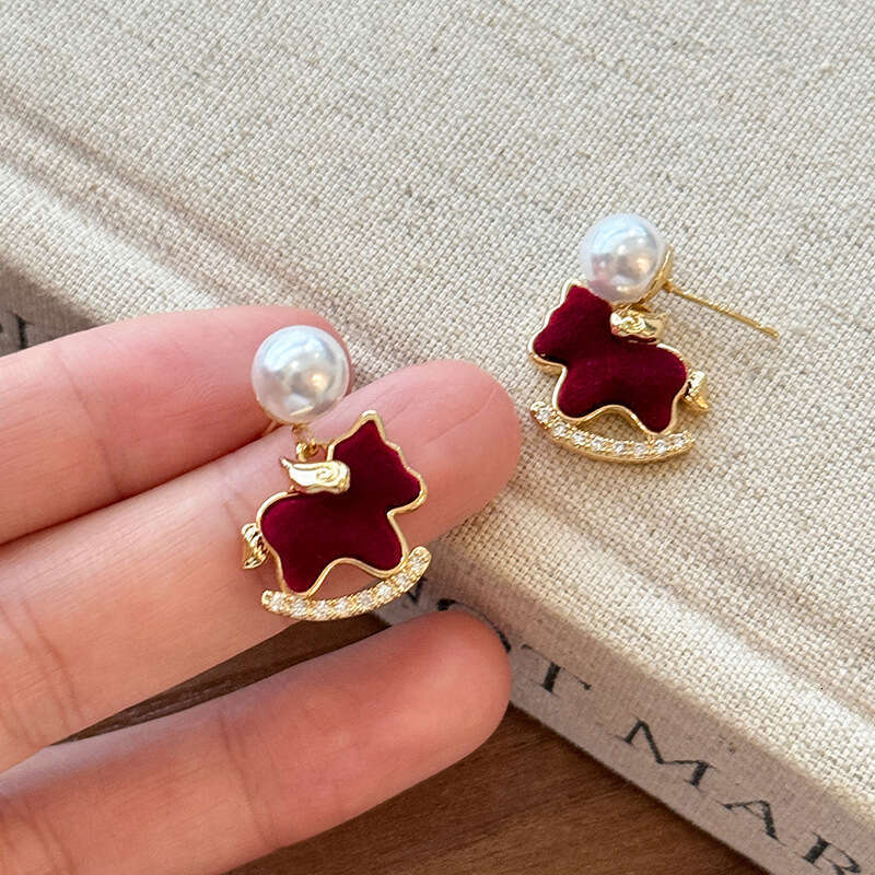 Chinese Gold Earrings Plated Zodiac Horse with Flocked Pony Pearl and Red Crystal Accents Light Luxury for Festival and 1 Cultural Celebration High Qu