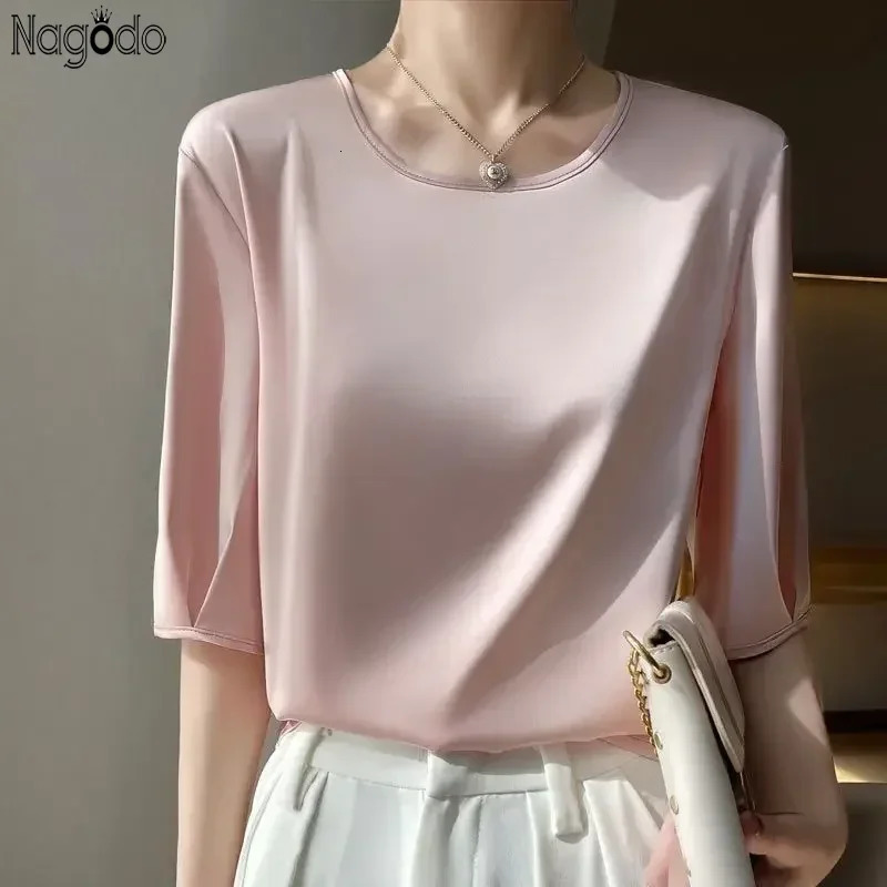 Summer satin Women Blouse Silky Loose Woman Shirt ladys half Sleeve tops Casual solid tshirt ONeck pullover womens clothing 250203