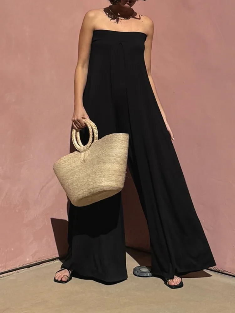 Yeezzi Womens Solid Color Hollow Backless Tube Jumpsuits Loose Sleeveless Pockets Wide Leg Summer Casual OnePiece Pants 260126
