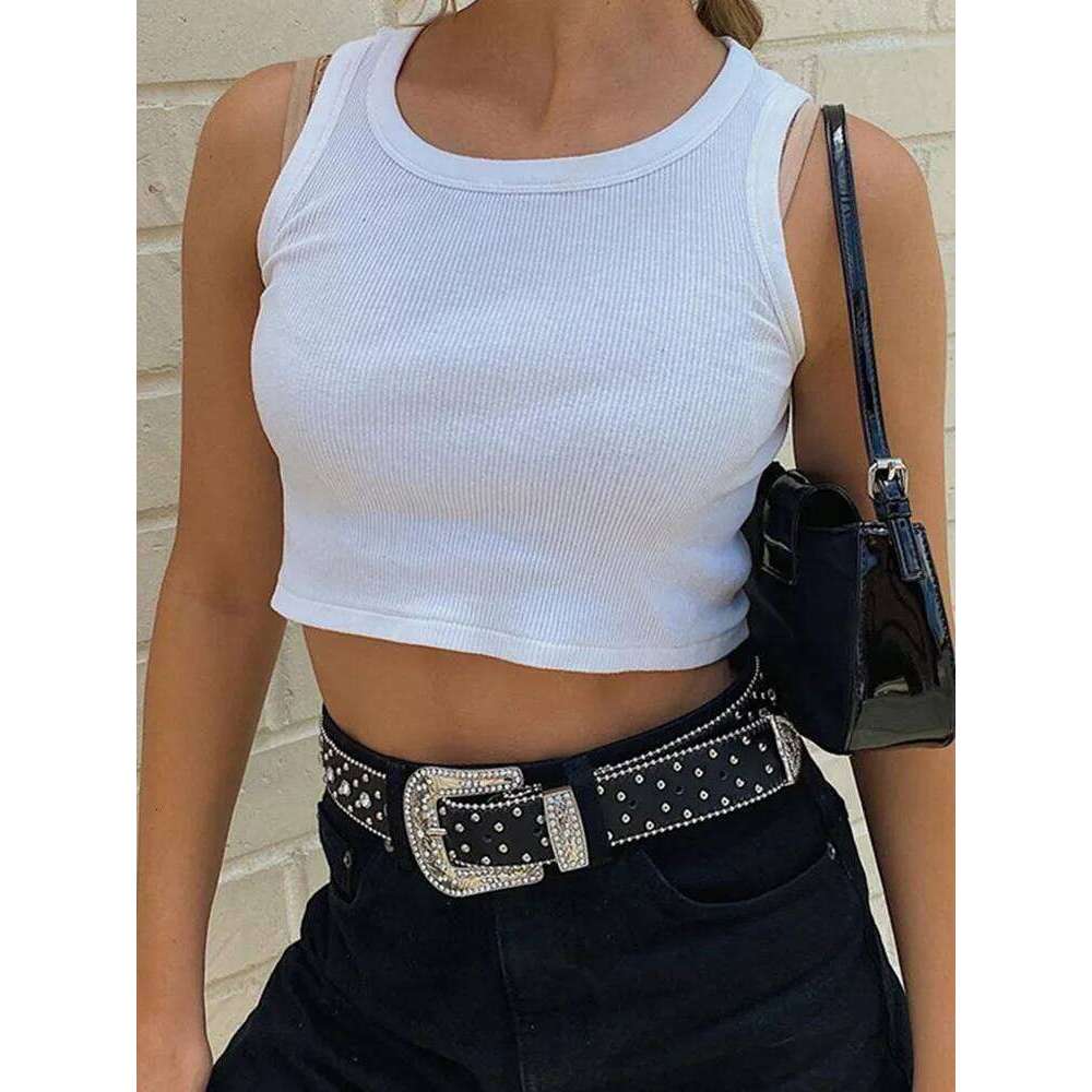 Rib Knit Green Women's Tank Summer Casual Basic Skinny Vest Sleeveless White Off Shoulder Y2K Sexy Woman Crop Top 26Y0208
