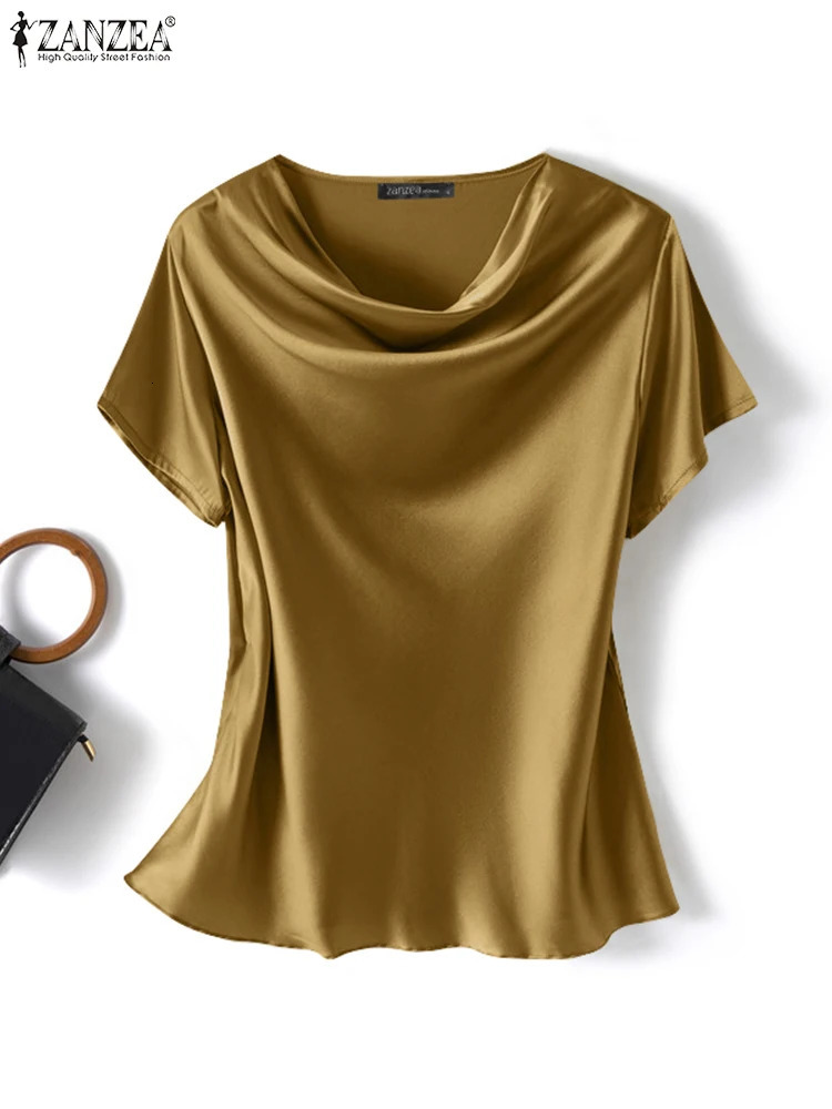 ZANZEA Summer Fashion Satin Blouse Women Short Sleeve Solid Shirt Female Casual OL Work Tunic Tops Elegant Loose Blsuas Oversize 250203