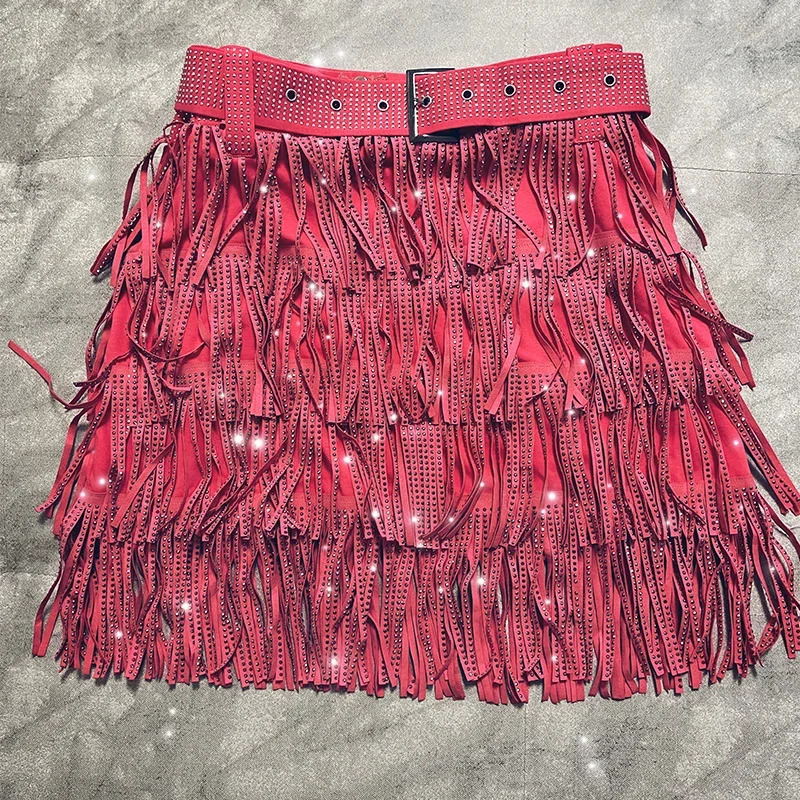 Women Skirt Fashion Autumn High Waist Belt Multi Layer Short Heavy Drilling Rhinestones Fringed with Cake A Line 260126