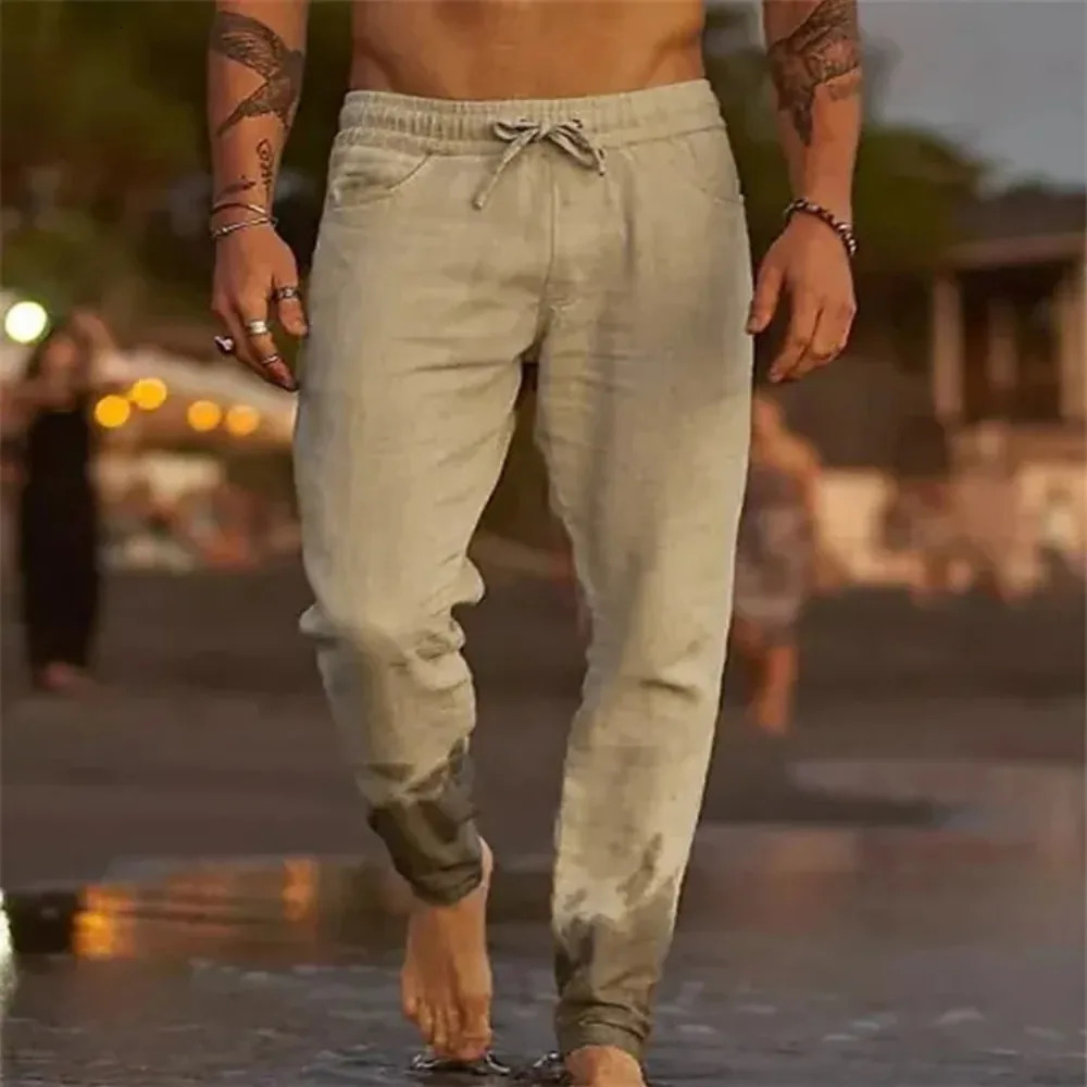 Mens Beach Pants Joggers Streetwear Cotton Linen Sweatpants Casual Pants Hawaiian Vacation Loose Summer Straight Pants Male 260122