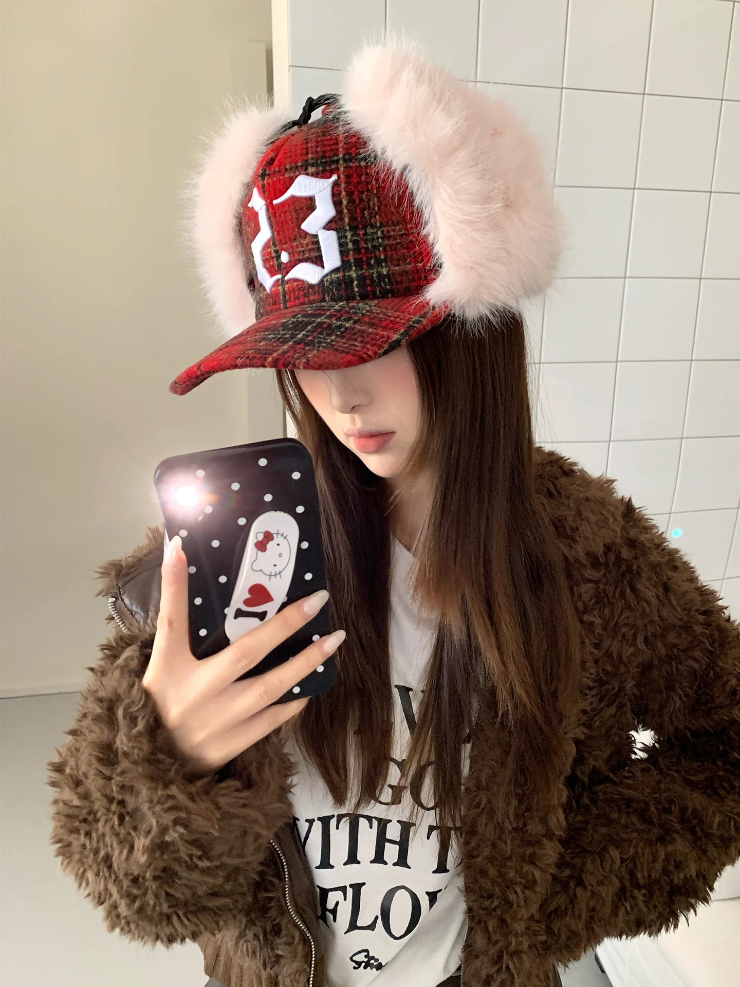 Korean Version Of Fashionable Plaid Plush Womens Autumn And Winter Thickening Warm Lei Feng Hat Ear Protection Baseball Cap 260208