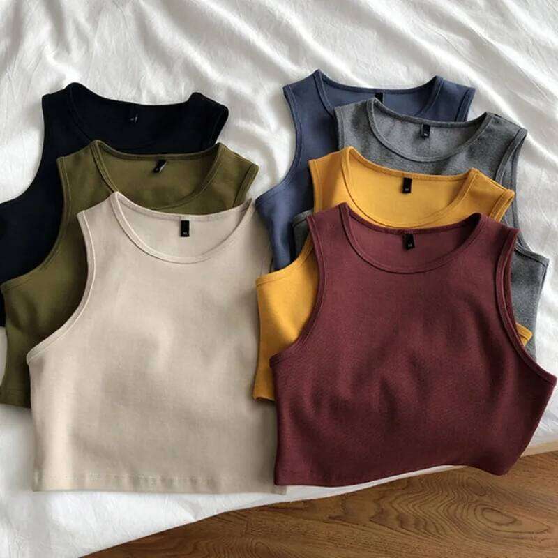 Summer new ladies retro crop high waist slimming stretch slim short sleeveless bottoming top 26Y0209