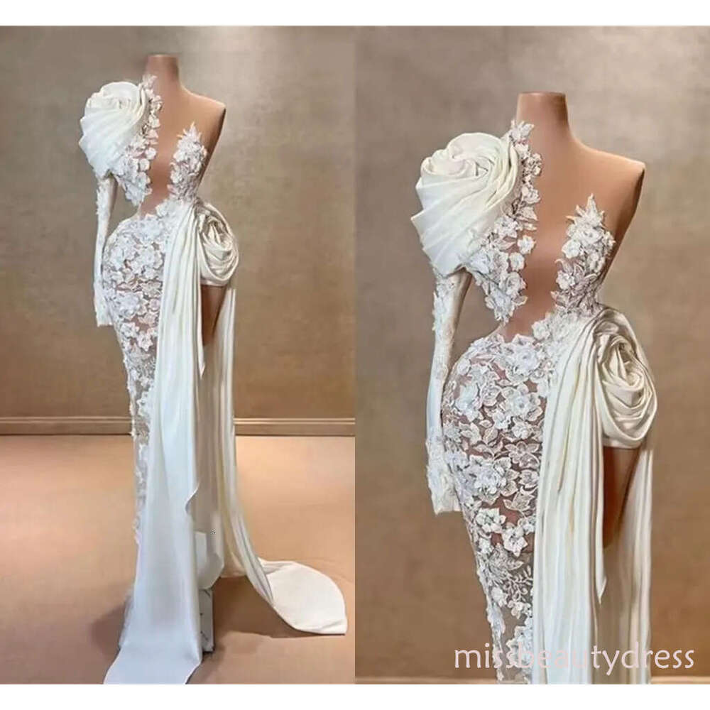 Ruched Flowers Designer Prom Dresses White Lace Mermaid Formal Occasion Evening Gowns Sweep Train Sexy High Split Vestidos De Fiesta Second Reception 