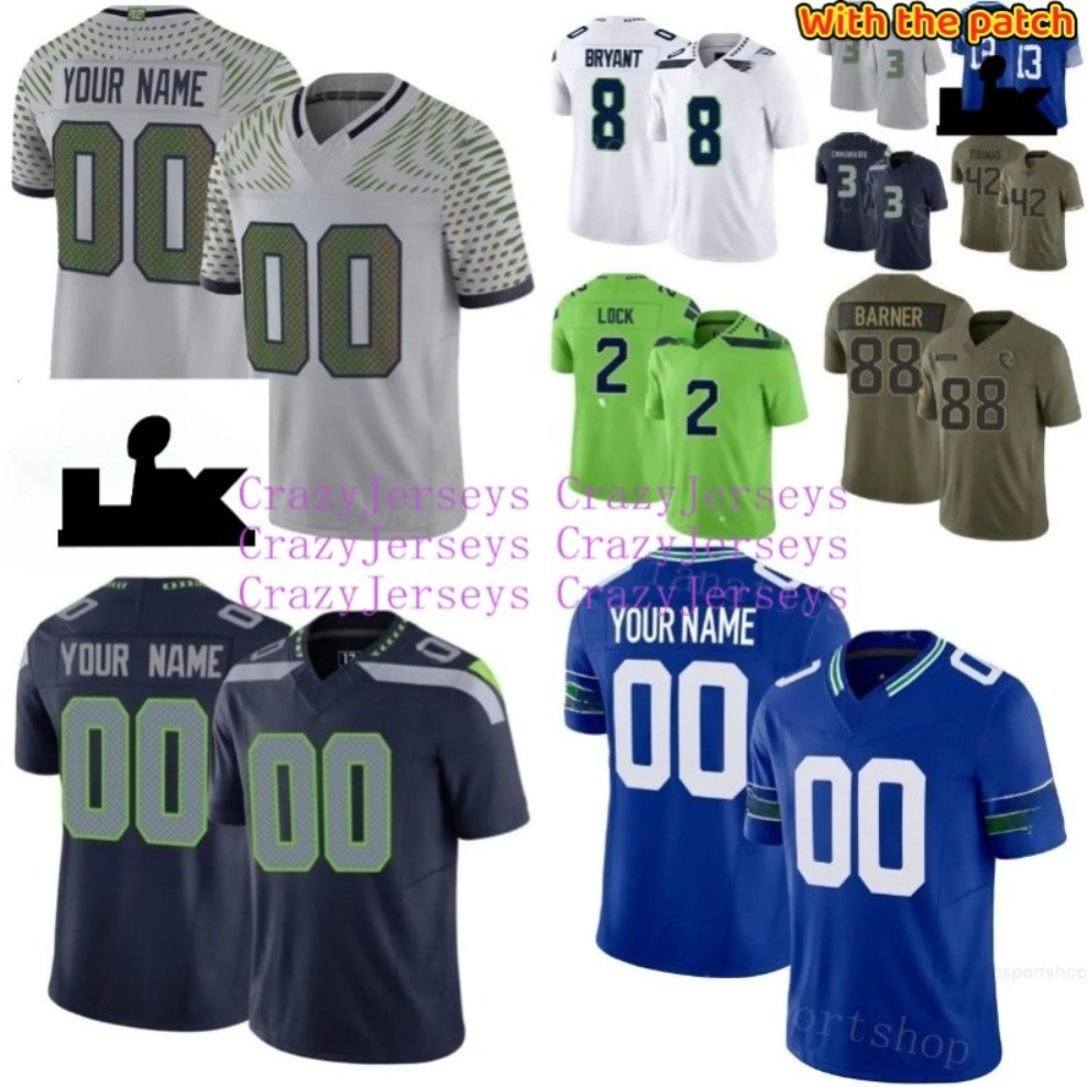 yourteamjersey Football Jersey 2026 Super Bow lLX 88 AJ Barner 13 Ernest Jones IV 42 Drake Thomas 3 Nick Emmanwori 8 Coby Bryant 2 Drew Lock Devon Witherspoon shxinet