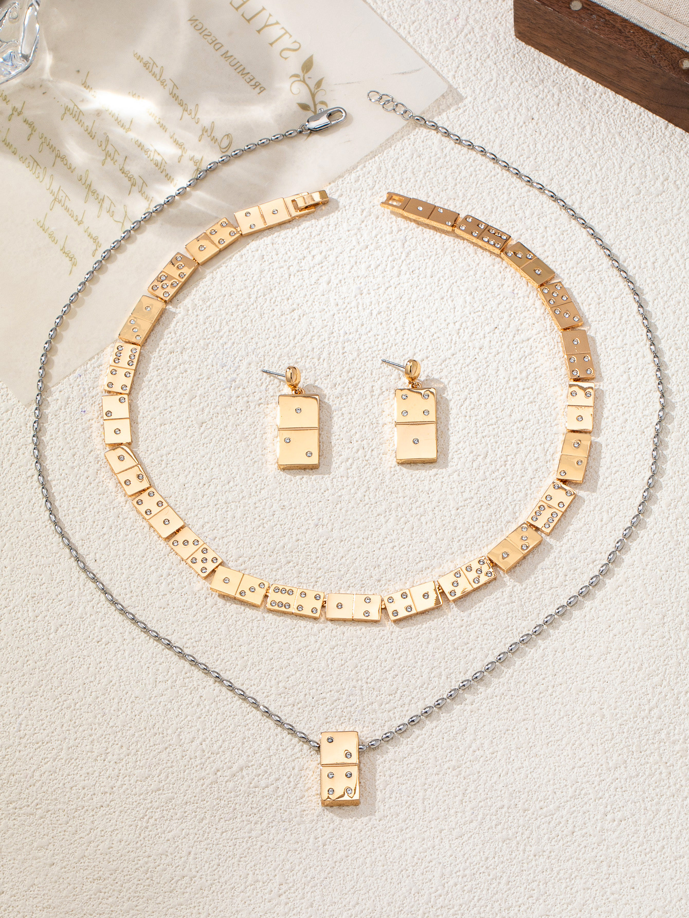 Fashion Retro French Style Hot-Selling Mahjong Block Inlaid Zircon Jewelry Set Versatile Trendy Necklace For Women