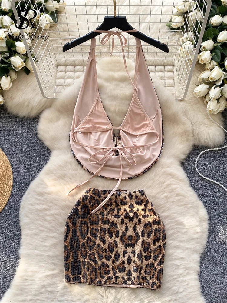 SINGREINY Fashion Clubwear Sexy Two Pieces Suits Halter Backless Mini TopBodycon Short Skirt Female Sequins n Leopard Sets 260122