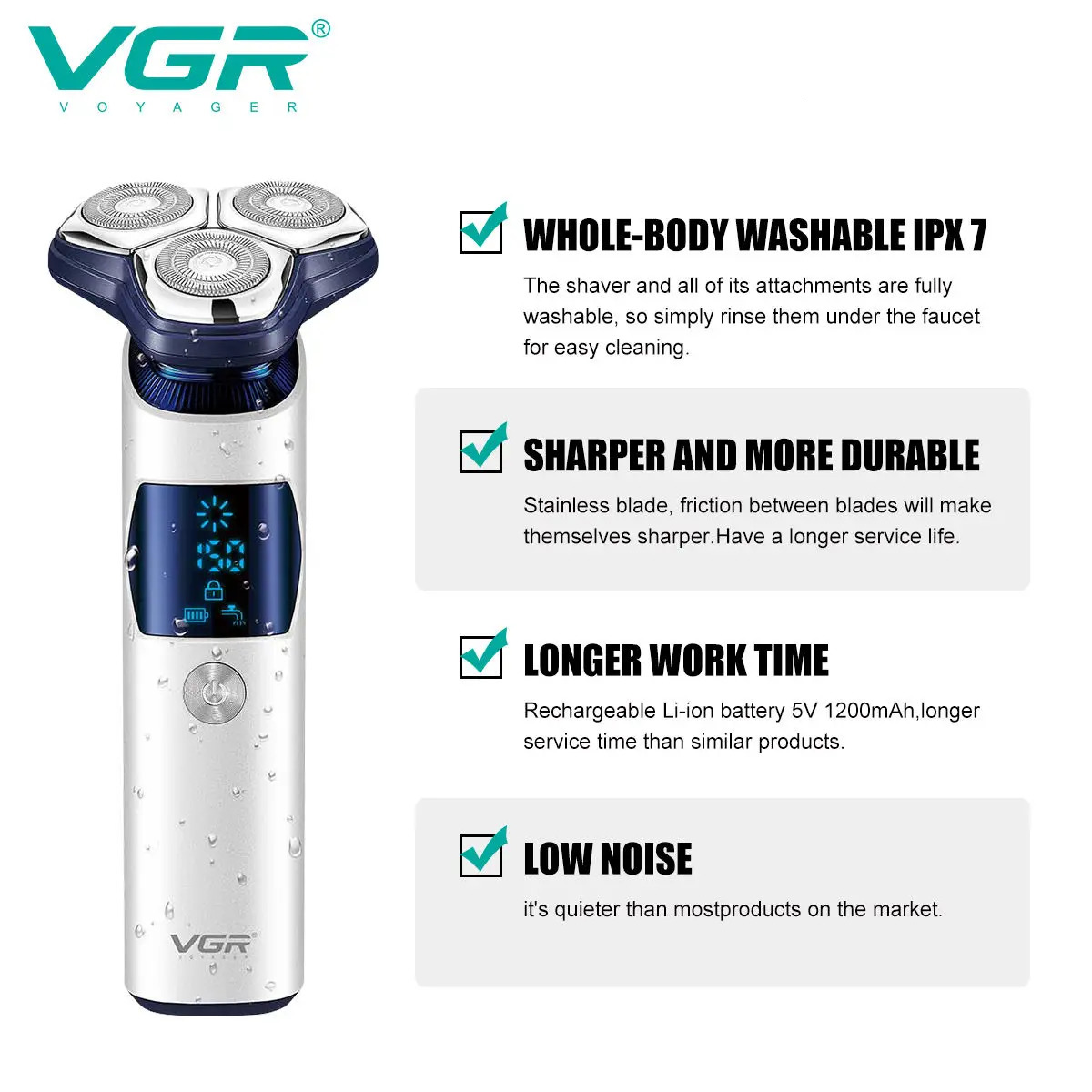 VGR 328 Mens Professional Shaver Metal Floating Three Blade Household Shaver LED Intelligent Digital Hair Trimming Machine 260126