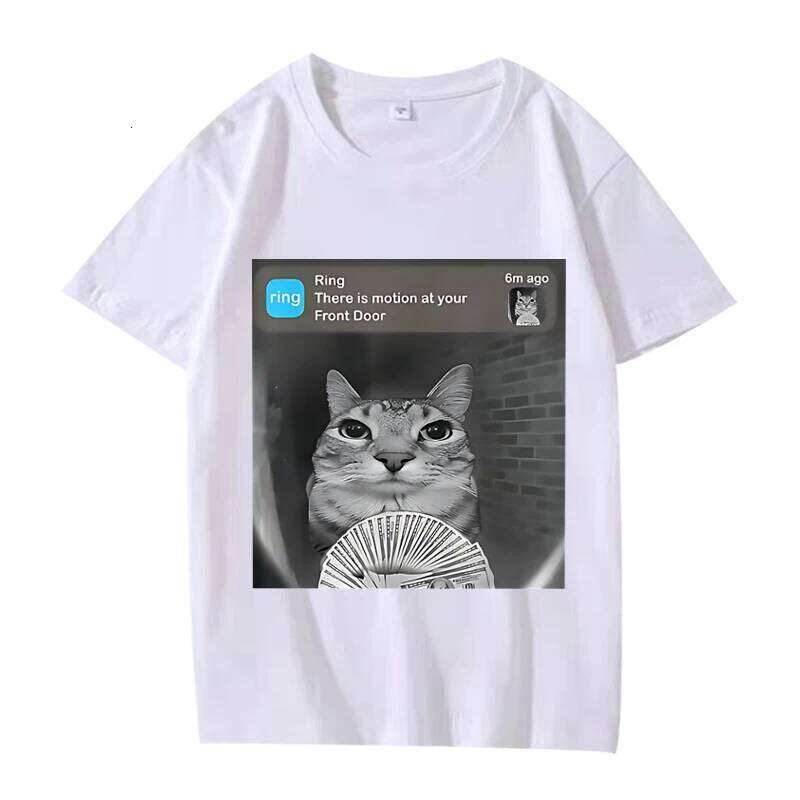 There Is Motion At Your Front Door Funny Silly Cat Meme T Shirt Men Women Oversized Cotton Short Sleeve Summer Unisex Tops X260209