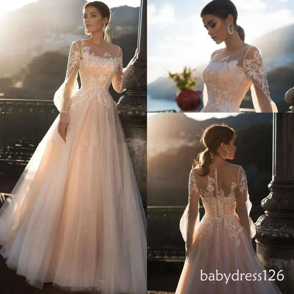 Champagne Bohemia A Line Dresses Sheer Long Sleeves Tulle Lace Applique Sweep Train Wedding Bridal Gowns robes de mariee D12
