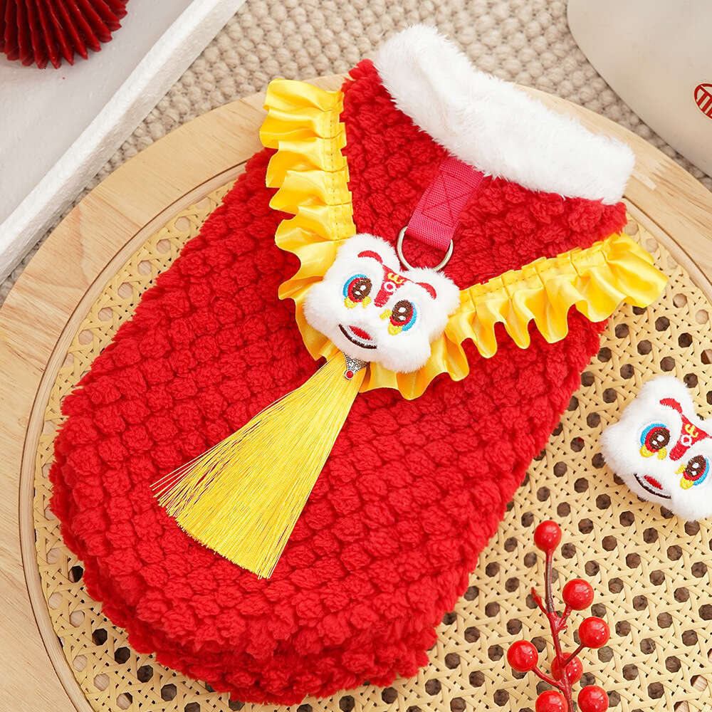 New Year Chinese Style Lion Dance Fleece-Lined Warm Pet Clothes Teddy Plush Tang Suit Dog Supplies Cat Outfit