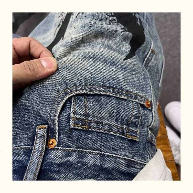 Men's Retro American Hip Hop Flame Skull Print Man High Street Motorcycle Denim Long Pants Baggy Jeans Men Techwear