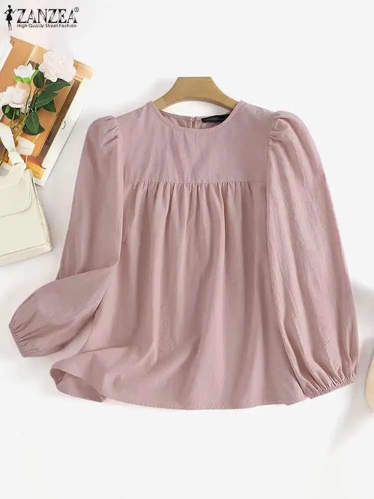 ZANZEA Elegant Solid Blouse Women Long Sleeve O Neck OL Work Shirt Spring Autumn Fashion Tunic Tops Blusas Female Loose Chemise 260207