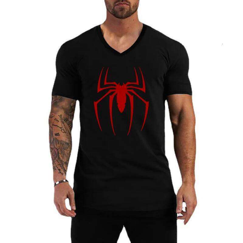Red Spider Printed Basic Cotton Mens V-Neck Short Sleeve T-shirts Summer Casual Breathable Tops Tees Slim Fit Sports T Shirts X260209