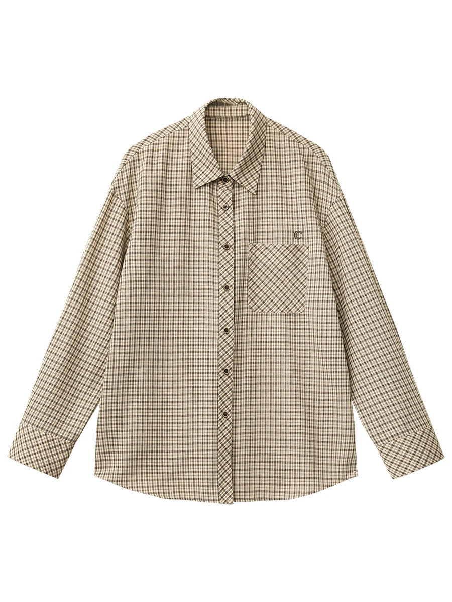 CHIC VEN Women Shirt Loose Casual Single-breasted Retro Contrast Plaid Embroidered Blouses Female Top Autumn Winter 260207