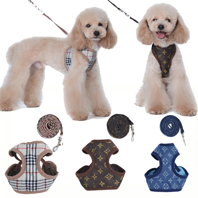 Designer Dog Harness designer collar dog clothes Leashes Set Classic Jacquard Lettering Step-in Soft Air Mesh Pet Vest for Small Dogs Cat Teacup Puppies Shih