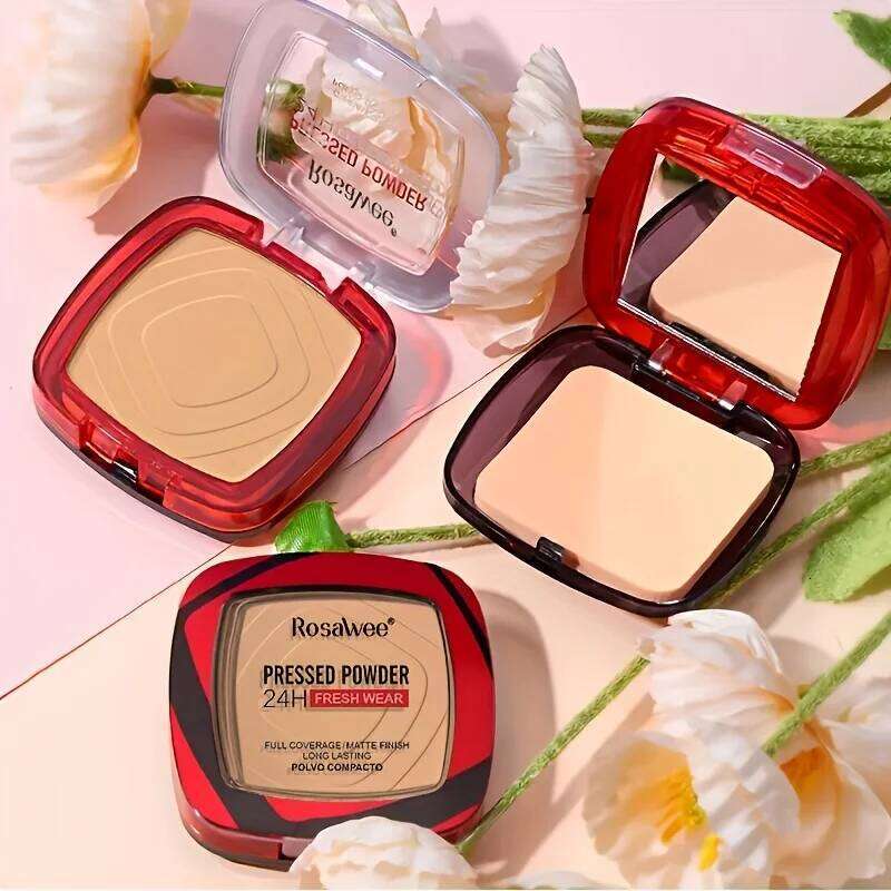 Full Coverage Pressed Foundation With Puff Applicator, 24H Wear Matte Weightless Finishing Powder Makeup 26L0209