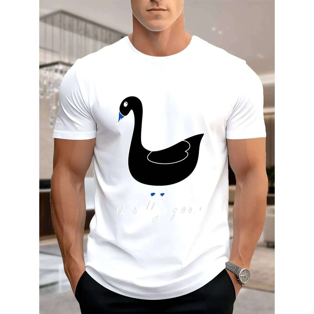 Men's Printed Short Sleeve T-Shirt - Soft Pure Cotton, White Duck with Yellow Beak Graphic, Breathable & Comfortable for Summer X260209