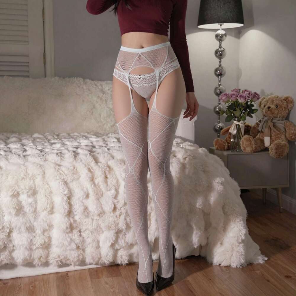 Sexy Cross-Strap Fishnet Pantyhose Women High-Waisted Sheer Tights with Integrated Garters & Open Crotch, Perfect for Nightclub & Role Play