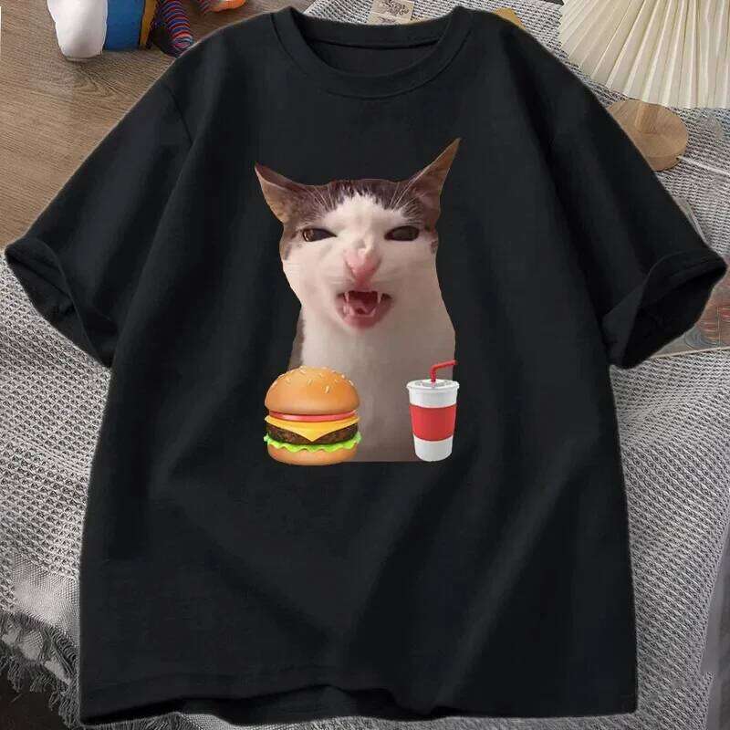 Crunching Food Meme T-shirt Women Silly T Shirts Funny Cat Eating T-Shirt Short Sleeve Graphic Tees Streetwear Fashion Y2K X260209