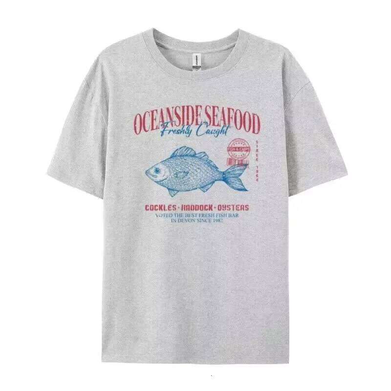Summer American Ins Personalized Seafood Graphic T-shirts Fashion Y2K Aesthetic Street Clothing Short-sleeved Loose Tops X260209