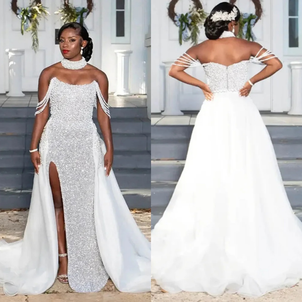 Elegant Mermaid Wedding Dress Pearls Sequins Strapless Neck Bride Gowns High Splits Sweep Train Bridal Dresses Customized