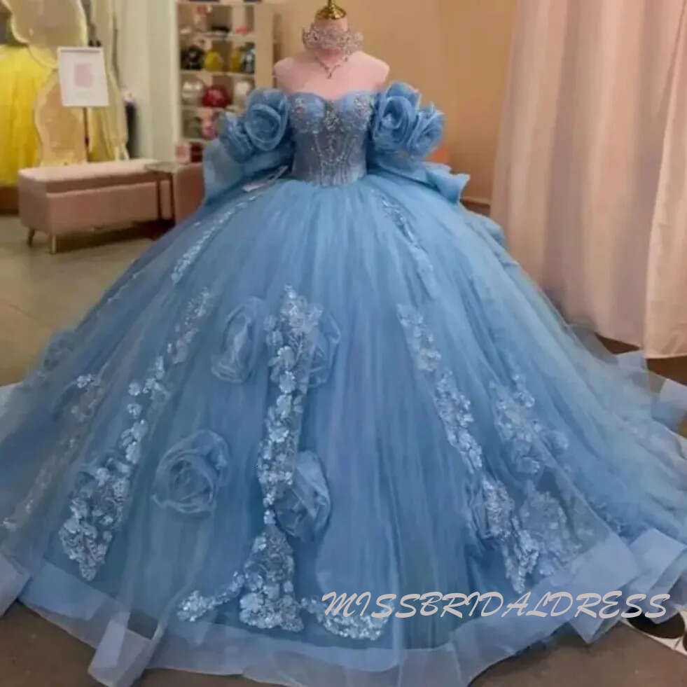 Blue Quinceanera Handmade 3D Flowers Ruffles Applique Beads Tulle Court Train Sweet 16 Birthday Party Dresses 0209