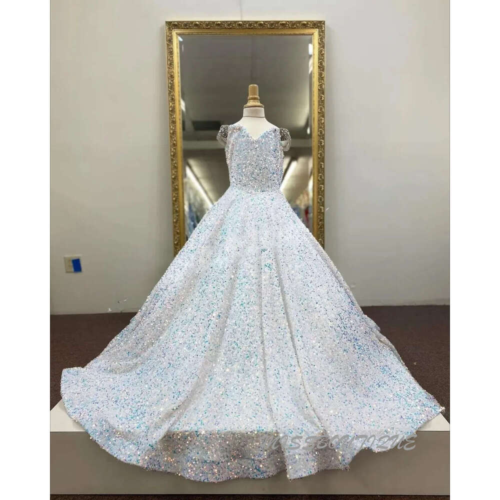 Iridescent Girl Pageant Dress Velvet Sequin Beading Off-Shoulder Little Kid Birthday Formal Party Gown A-Line Toddler Teens Preteen Pink Ivory 0209 Lu