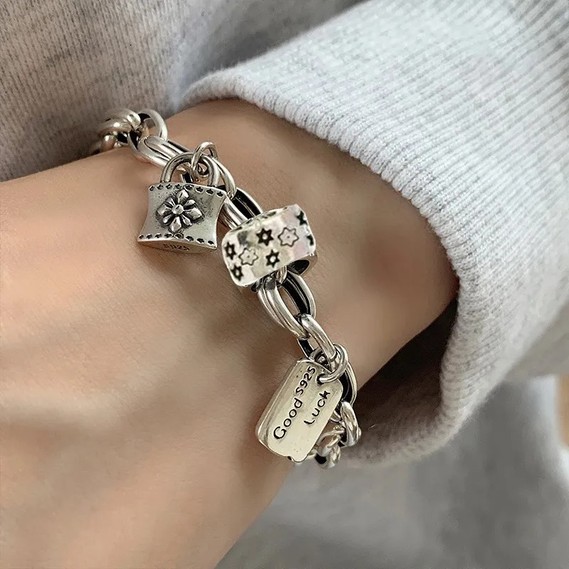 ANENJERY Vintage Star Lock Letter Tag Thick Chain Bracelet for Women Hip-hop Party Couple Jewelry pulseras mujer 260128