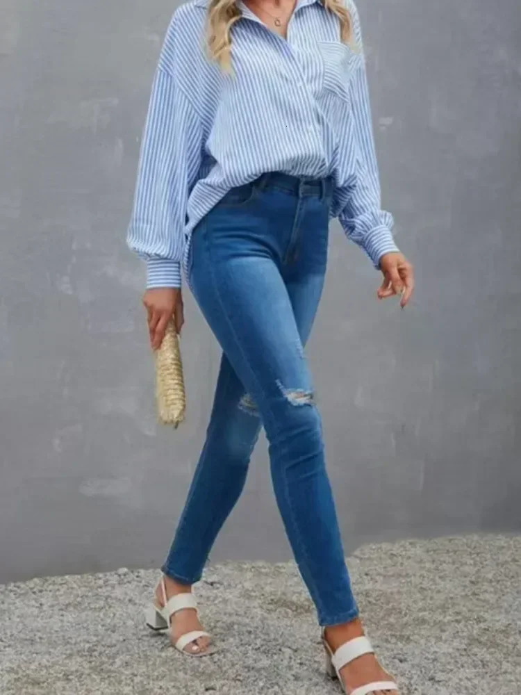 Plus Size Womens Shirt Summer Feminino Casual Pocket Baggy Loose Top Striped Classic Longsleeved Work Blouse Clothing 260207