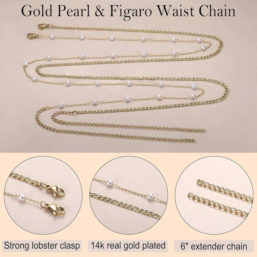 Bobisty 2pcs Belly Waist Chains for Women Waterproof Stainless Steel Pearl Beaded Seashell Body Chain Bracelet Jewel X260209