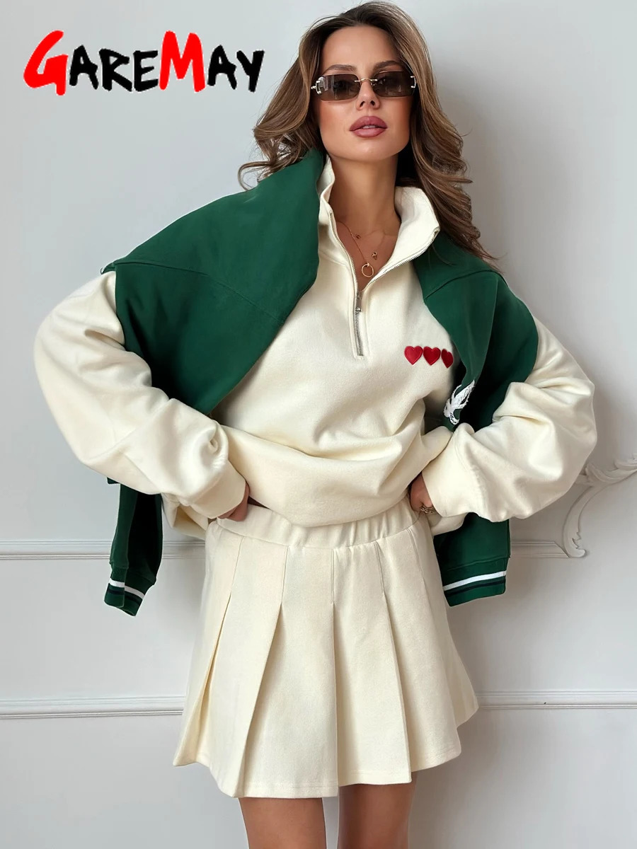 Womens Summer Suit with Skirt Cotton Tracksuit with Zipper Oversize Two-piece Top and Skirt Set Casual Yellow Suit for Women 260208