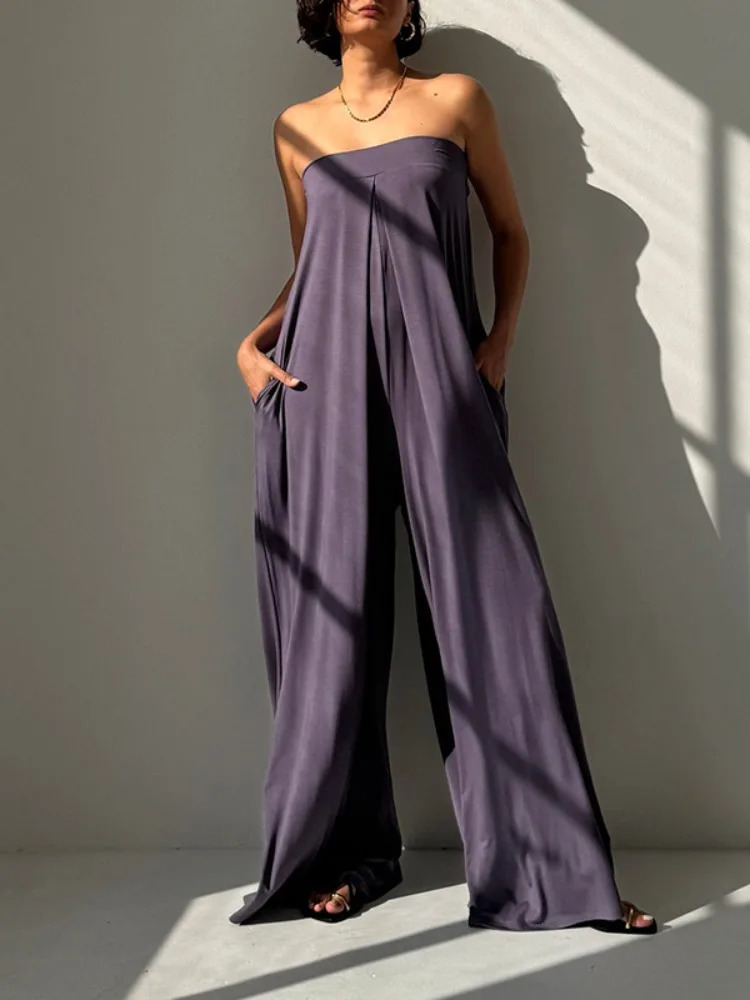 Yeezzi Womens Solid Color Hollow Backless Tube Jumpsuits Loose Sleeveless Pockets Wide Leg Summer Casual OnePiece Pants 260126