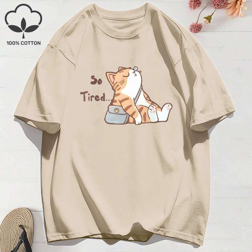 100% Cotton Womens T-Shirts Summer The Abstract Cat Is Too Tired Printing T Shirt Comfortable Soft O-Neck Tops Street Clothes X260209