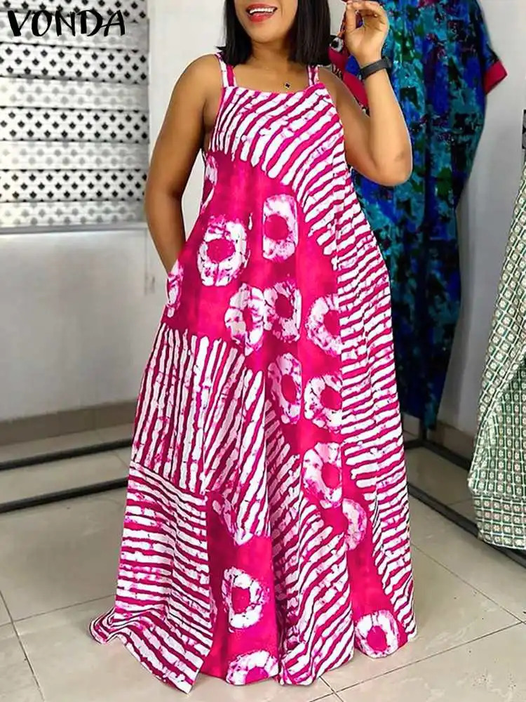 VONDA Plus Size 5XL Summer Bohemian Printed Maxi Dresses Sleeveless Party Beach Sundress Tank Long Vestido Casual Holiday Robe 260118